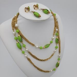 Vintage Green Painted Bead Necklace and Earring Set with Gold Toned Chain